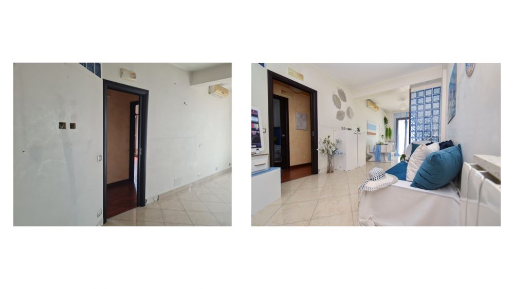 ingresso e zona living, con cucina annessa. Un ambiente compatto e iper funzionale per coppie e famiglie.